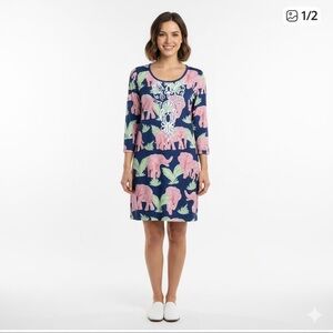 Simply Southern 3/4 Sleeve Elephant Print Shirt Dress, Size S